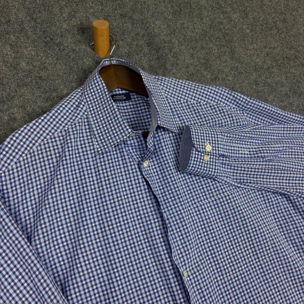 Maurizio Baldassari Mens Blue Gingham Check Button Down Shirt Made in Italy XL